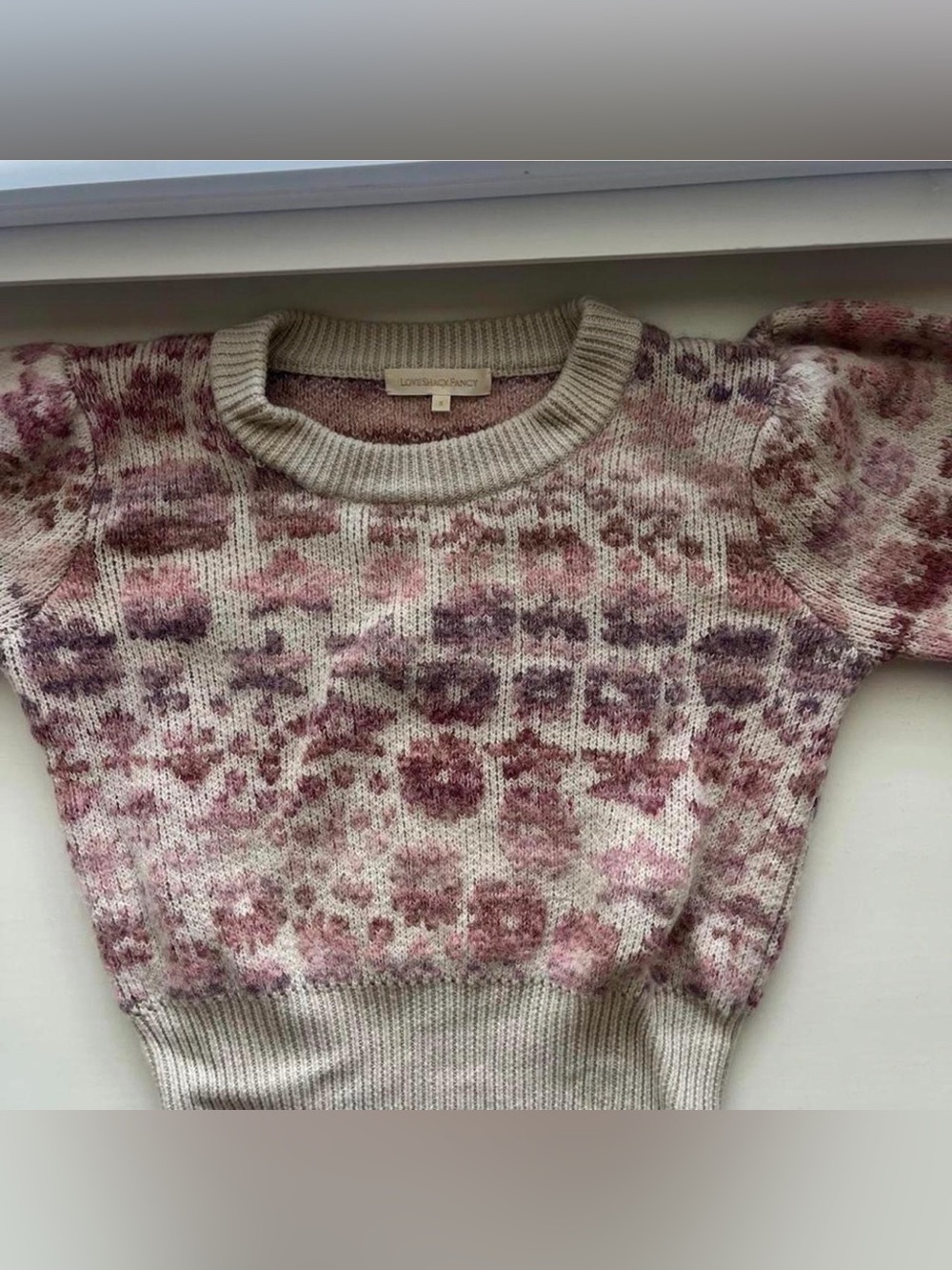 LoveShackFancy Cream and Pink Floral Crewneck Sweater